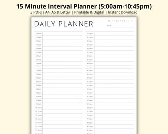 15 Minute Interval Planner, Time Blocking Planner, Daily Appointment Tracker, Daily Schedule, Daily Agenda, Simple/Minimalist, A4/A5/Letter