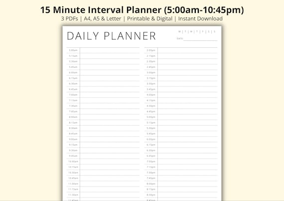 15 Minute Interval Planner, Time Blocking Planner, Daily Appointment Tracker, Daily Schedule, Daily Agenda, Simple/Minimalist, A4/A5/Letter