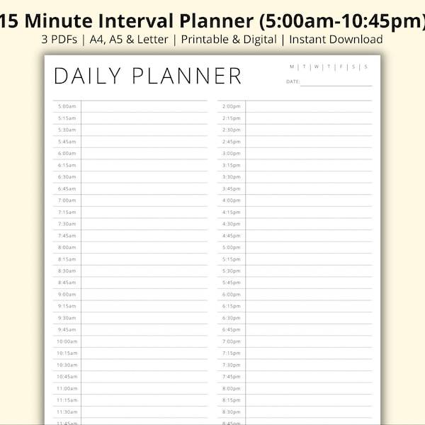 15 Minute Interval Planner, Time Blocking Planner, Daily Appointment Tracker, Daily Schedule, Daily Agenda, Simple/Minimalist, A4/A5/Letter