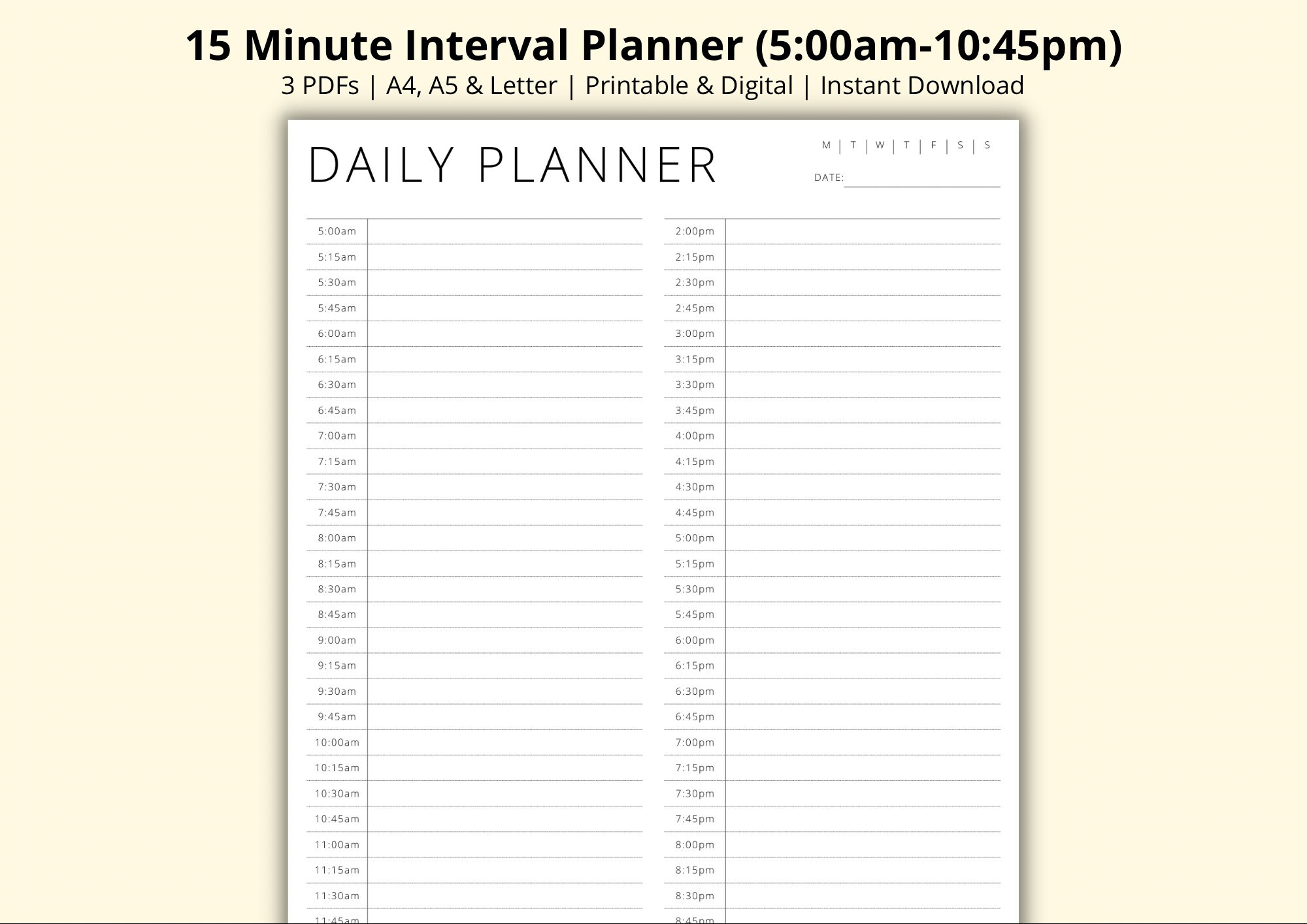15 Minute Interval Planner, Time Blocking Planner, Daily Appointment Tracker, Daily Schedule, Daily Agenda, Simple/minimalist, A4/a5/letter - Etsy