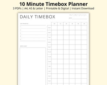 Könnte beinhalten: Ein druckbarer und digitaler 10-Minuten-Timebox-Planer. Der weiße Planer enthält Abschnitte für Top-Prioritäten, ein Brain-Dump und ein tägliches Timebox-Raster. Der Text oben lautet "10 Minute Timebox Planner" und "Daily Timebox".
