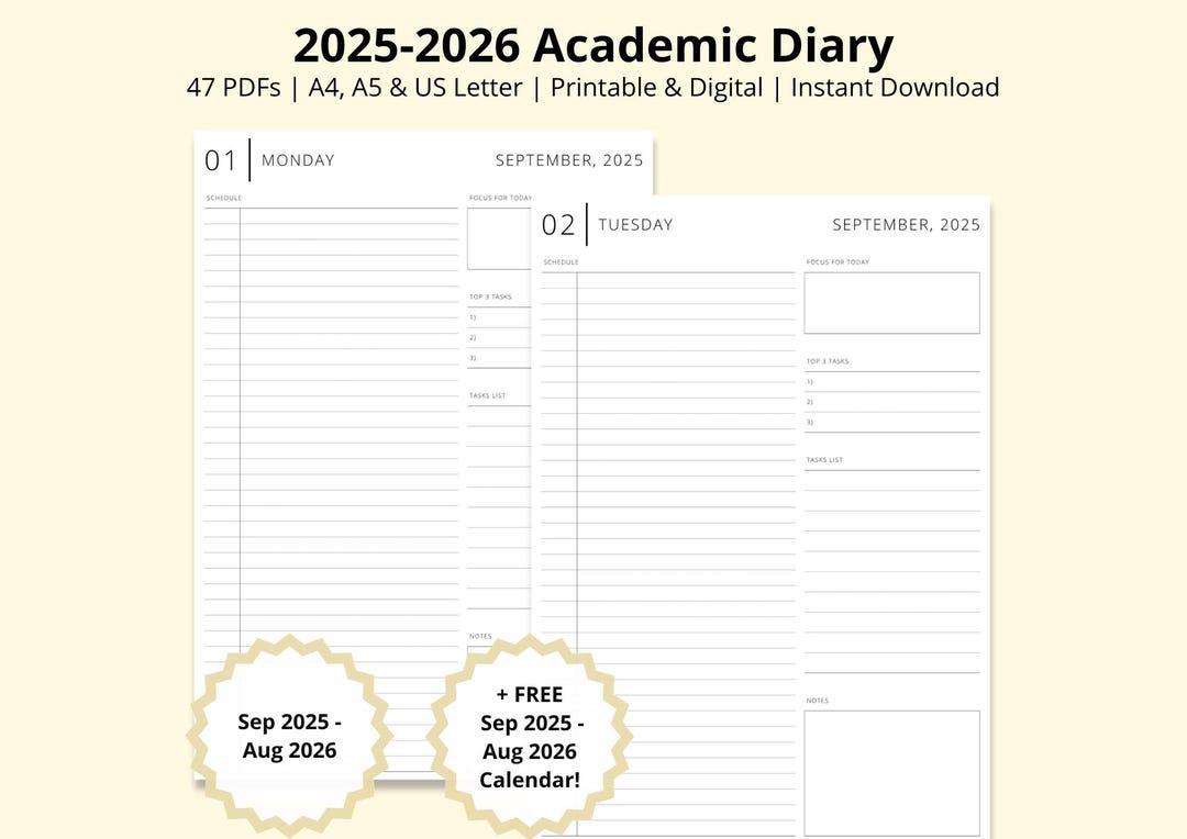 2025 2026 Academic Diary Daily Planner Calendar Printable Blank 2025-2026-academic-diary-daily-planner-calendar-printable-blank