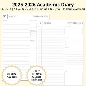 2025-2026 Academic Diary, Daily Planner, Calendar Printable, Blank Schedule, Dated Planner, Digital Diary, Sep 2025-Aug 2026, A4/A5/Letter