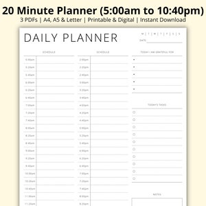 20 Minute Planner Printable, Appointment Tracker, Time Block PDF, Day Schedule Template, Daily Overview, Productivity Planner, A4/A5/Letter image 1