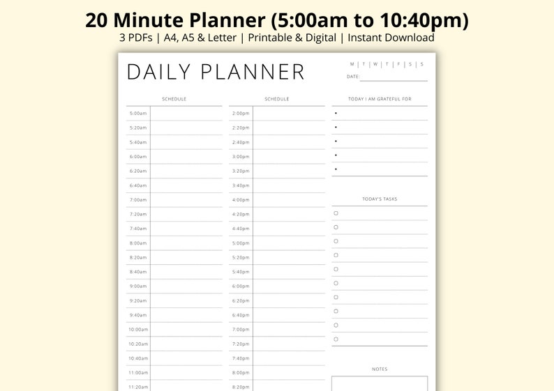 20 Minute Planner Printable, Appointment Tracker, Time Block PDF, Day Schedule Template, Daily Overview, Productivity Planner, A4/A5/Letter image 1