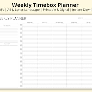 May include: A black and white weekly planner with a grid layout. The planner has sections for "Top Priorities" and "Task Dump" on the left side and columns for each day of the week on the right side. The planner is labelled "Weekly Planner" at the top and has a space for "Week Of" at the top right.