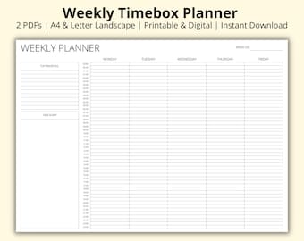 Planificador semanal de Timebox, plantilla de bloqueo de tiempo de 5 días, horario de 24 horas, horario de media hora, semana de un vistazo, imprimible/digital, A4/carta