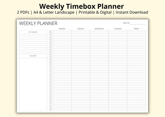 Weekly Timebox Planner, 5 Day Time Blocking Template, 24 Hour Timetable,  Half Hourly Schedule, Week at a Glance, Printable/digital,a4/letter - Etsy