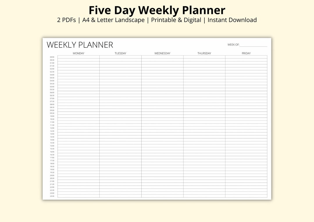 5 Day Weekly Planner, 24 Hour Schedule, 30 Minute Increments, Time ...