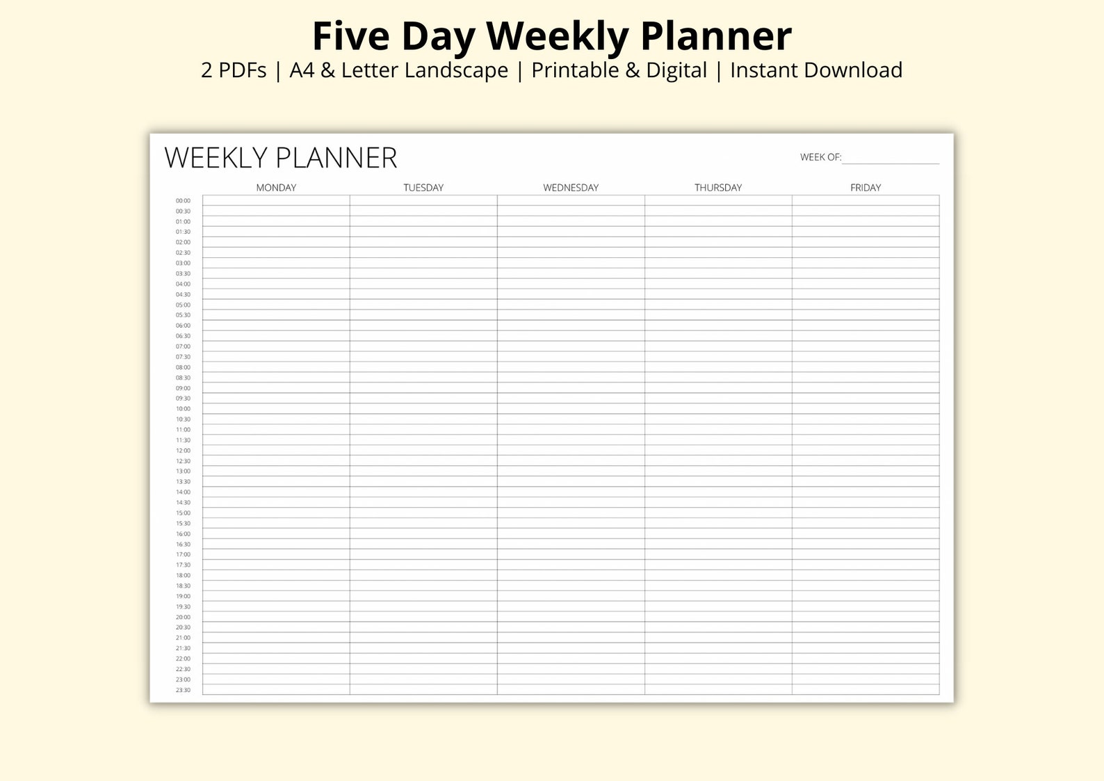 5 Day Weekly Planner, 24 Hour Schedule, 30 Minute Increments, Time ...