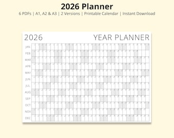 2026 Planer, Einfacher Jahreskalender, GROSSER Wandplaner, Jahreskalender, 2026 Jahr auf einen Blick, Planer, druckbarer Kalender PDF, A1/A2/A3