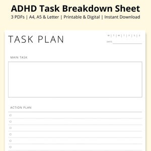 ADHD Task Breakdown Sheet, Task Planning, Task Paralysis Planner, Step-by-Step Task Planner, Focus Schedule, Printable/Digital, A4/A5/Letter