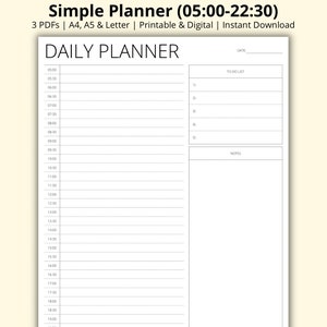 May include: A white daily planner with a simple design. The planner includes sections for time slots from 05:00 to 22:30, a to-do list, and space for notes. The text "Simple Planner" and "Daily Planner" are visible.
