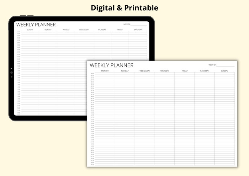 May include: A black and white weekly planner with a simple design. The planner is divided into seven columns for each day of the week, with time slots from 6:00 AM to 10:00 PM. The planner is labeled "WEEKLY PLANNER" at the top.