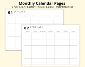 Monthly Calendar Pages, Month at a Glance, Blank 12 Month Planner, Calendar Template PDF, January-December, Printable/Digital, A3/A4/Letter
