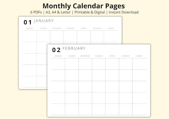 Monthly Calendar Pages, Month at a Glance, Blank 12 Month Planner, Calendar  Template PDF, January-december, Printable/digital, A3/a4/letter - Etsy