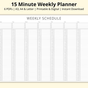 15 Minute Weekly Planner, Appointments Tracker, Customer/Client Appointment Sheet, Weekly Overview, Mon-Sun, Printable/Digital, A3/A4/Letter