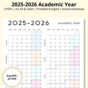 Könnte beinhalten: Druckbarer akademischer Kalender für das Schuljahr 2025-2026. Der Kalender ist weiß mit Rasterlayout und zeigt die Monate von August bis Juli. Der Text "2025-2026 Akademisches Jahr" steht oben. Verfügbar in A3, A4 und Letter-Größe.