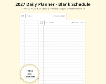 2027 Daily Planner, Blank 2027 Diary, 2027 Calendar, Dated Annual Planner, Time Block Productivity Planner, Printable/Digital, A4/A5/Letter