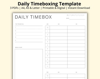 Könnte beinhalten: Eine weiße, druckbare tägliche Timeboxing-Vorlage mit dem Titel "Daily Timebox" oben. Die Vorlage enthält Abschnitte für oberste Prioritäten, einen Brainstorming-Bereich und einen detaillierten Stundenplan von 12:00 bis 12:00 Uhr.