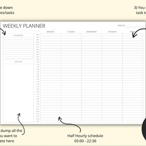 May include: A black and white printable weekly planner with a half-hourly schedule from 5:00 AM to 10:30 PM. The planner includes sections for top priorities, task dump, and daily scheduling.