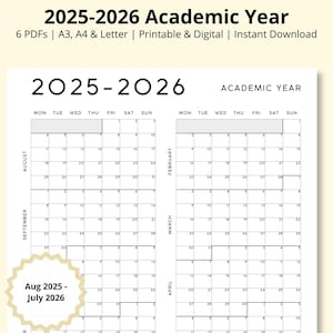 Planificador académico 2025-2026, Resumen del año, Año académico, Calendario de 12 meses, Resumen anual, Calendario escolar de pared/escritorio, A3/A4/Carta