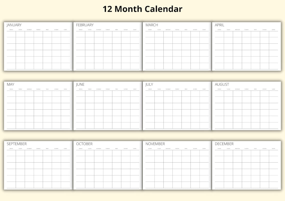 Blank Monthly Calendar Template, 12 Month Calendar Pages, Month at a ...