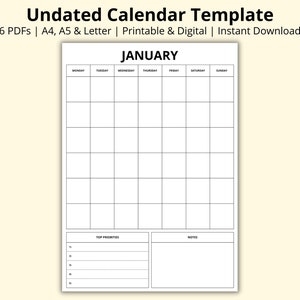 Plantilla de calendario, planificador mensual en blanco, páginas de calendario sin fecha de 12 meses, agenda mensual, resumen del mes, imprimible/digital, tamaño A4/A5/carta