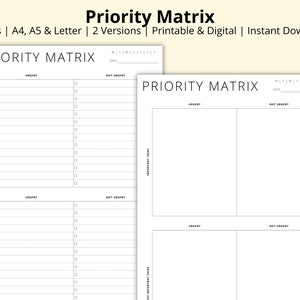 Priority Matrix, Decision Matrix, Eisenhower Matrix, Tasks Management, Action Planner, Productivity Planner, Printable/Digital, A4/A5/Letter