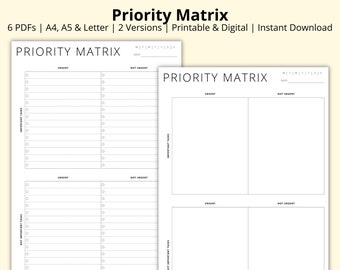Priority Matrix, Decision Matrix, Eisenhower Matrix, Tasks Management, Action Planner, Productivity Planner, Printable/Digital, A4/A5/Letter
