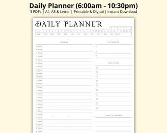 Daily Planner, Time Blocking Template, Half Hour Schedule, Daily Agenda, Tasks List, Productivity Planner, Printable/Digital, A4/A5/Letter