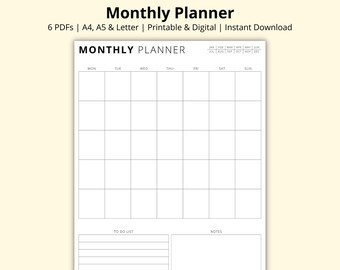 Monthly Planner, Calendar Page, 12 Month Overview, Month at a Glance, Productivity Planner, Printable/Digital, A4/A5/Letter