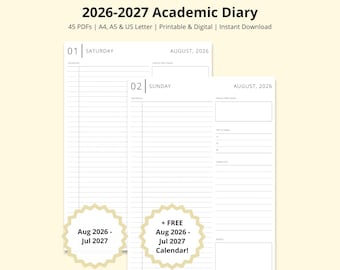 2026-2027 Academic Planner, 2026-2027 Daily Planner, School Planner, Dated Calendar Printable, Blank Schedule, Aug 26-Jul 27, A4/A5/Letter