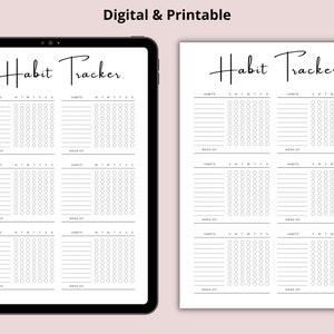 K&ouml;nnte beinhalten: Ein druckbarer Gewohnheits-Tracker mit einem schwarz-wei&szlig;en Design. Der Tracker bietet Platz f&uuml;r 8 Gewohnheiten und 4 Wochen. Der Text "Habit Tracker" befindet sich oben auf der Seite.