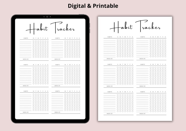 K&ouml;nnte beinhalten: Ein druckbarer Gewohnheits-Tracker mit einem schwarz-wei&szlig;en Design. Der Tracker bietet Platz f&uuml;r 8 Gewohnheiten und 4 Wochen. Der Text "Habit Tracker" befindet sich oben auf der Seite.