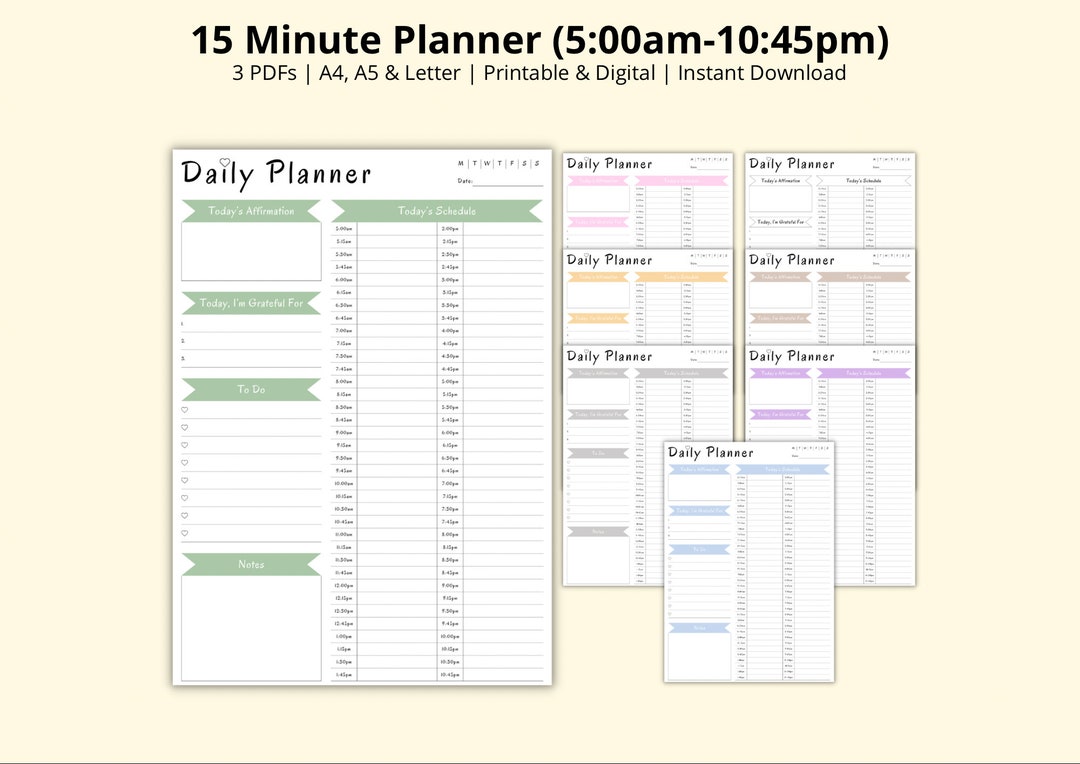 15 Minute Planner, Daily Planner, Time Blocking PDF, Daily Schedule ...