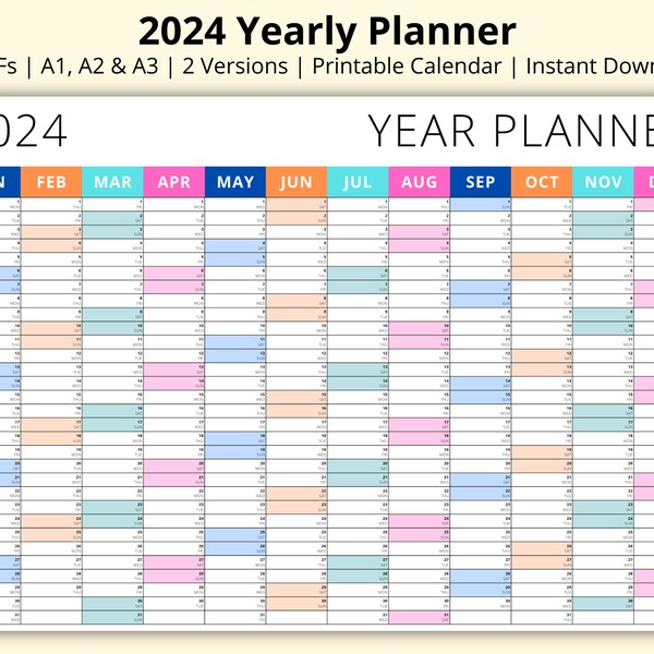 2024 Yearly Planner, Simple 2024 Calendar, Large Wall Planner, Annual Calendar, 2024 Year at a Glance Planner, Printable Calendar, A1/A2/A3