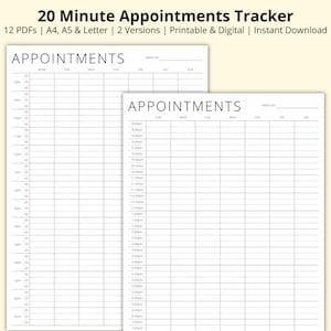 20 Minute Appointment Tracker, 20 Minute Weekly Schedule, 7 Day Planner, Appointment Sheet, Time Block PDF, Printable/Digital, A4/A5/Letter