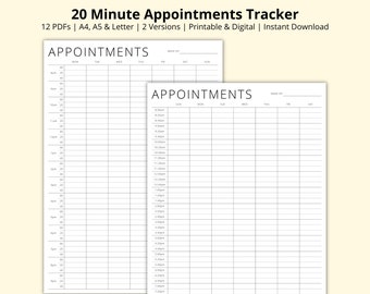20 Minute Appointment Tracker, 20 Minute Weekly Schedule, 7 Day Planner, Appointment Sheet, Time Block PDF, Printable/Digital, A4/A5/Letter