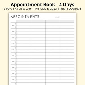May include: A black and white printable appointment book with the text "Appointment Book - 4 Days" and "APPOINTMENTS" at the top. The book is designed for four days and includes a section for the week of.