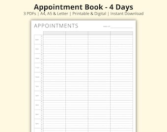 Appointment Book, 4 Day Schedule, 15 Minute Intervals, Appointment Tracker PDF, Appointment Diary Sheet, Printable/Digital, A4/A5/Letter