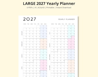 LARGE 2027 Year Planner, Year at a Glance, 2027 Annual Calendar, 12 Month Calendar, Yearly Overview, Large Wall Calendar, A1/A2/A3