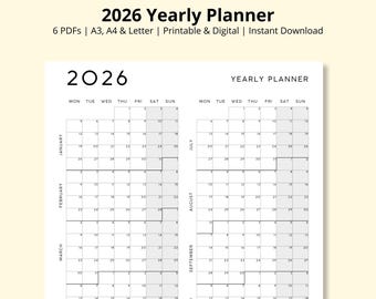 2026 Yearly Planner, Year at a Glance, Annual Planner, 12 Month Calendar, Yearly Overview, Wall/Desk Calendar, Office Planner, A3/A4/Letter