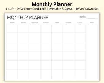 Monthly Planner, Blank Calendar Page, Calendar Template, Month at a Glance, Monthly Wall/Desk Calendar Pages, Printable/Digital, A4/Letter