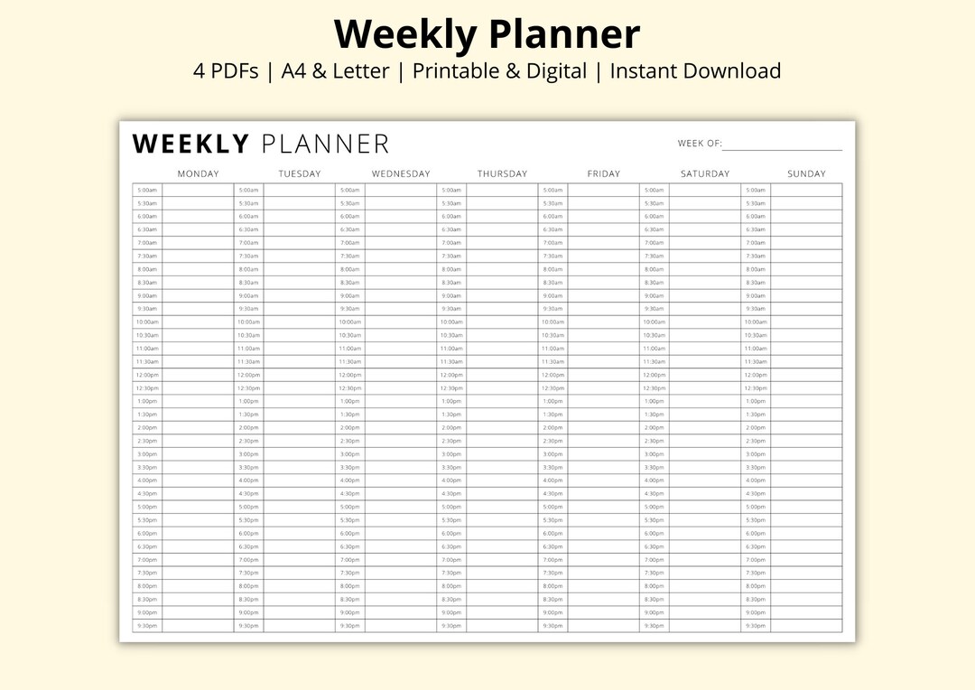 Weekly Planner, 7 Day Appointment Tracker, Half Hourly Time Block ...