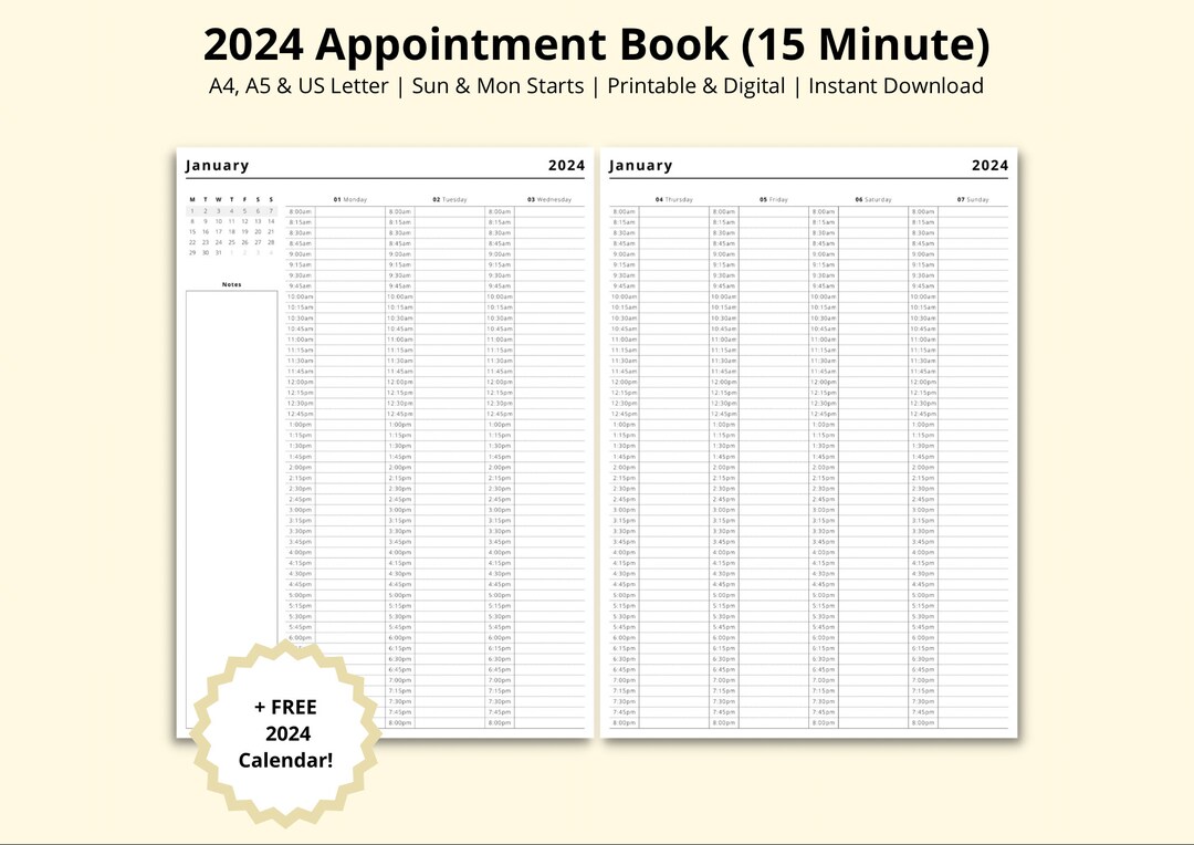 2024 Appointment Book, 15 Minute Planner, 2024 Calendar, Weekly Planner, Appointment Tracker, 2024 Diary, Printable/digital, A4/a5/letter - Etsy 2024-appointment-book-15-minute-planner-2024-calendar-weekly-planner-appointment-tracker-2024-diary-printable-digital-a4-a5-letter-etsy
