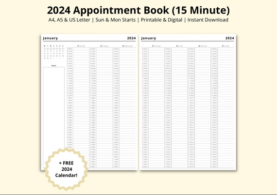 2024 Appointment Book, 15 Minute Planner, 2024 Calendar, Weekly Planner,  Appointment Tracker, 2024 Diary, Printable/digital, A4/a5/letter 