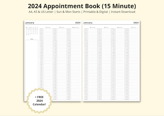 2024 Appointment Book, 15 Minute Planner, 2024 Calendar, Weekly Planner,  Appointment Tracker, 2024 Diary, Printable/digital, A4/a5/letter 