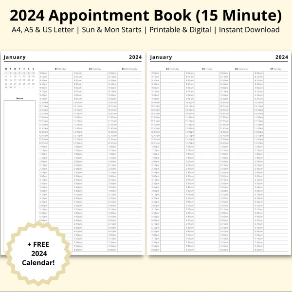 2024 Appointment Book, 15 Minute Planner, 2024 Calendar, Weekly Planner, Appointment Tracker, 2024 Diary, Printable/Digital, A4/A5/Letter