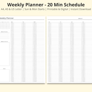 Puede incluir: Un planificador semanal imprimible en blanco y negro con un horario de 20 minutos. El planificador está dividido en días de la semana, con cada día teniendo una columna para intervalos de tiempo de 20 minutos. El planificador también incluye secciones para prioridades semanales y listas de tareas.